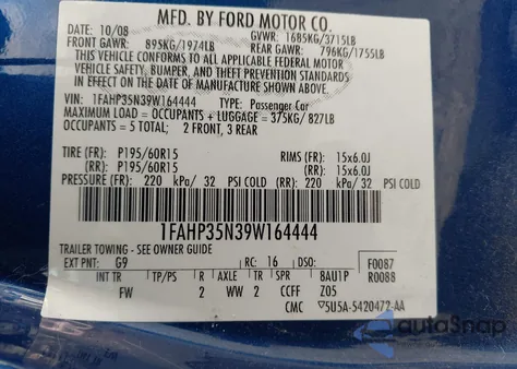 2009 Ford Focus Se z USA, uszkodzony, nr VIN 1FAHP35N39W164444
